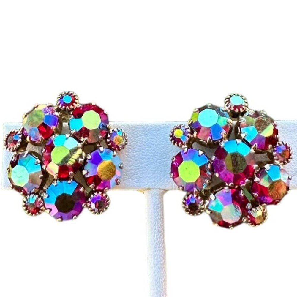 Vintage Weiss Watermelon Rivoli Crystal Clip On Earrings
